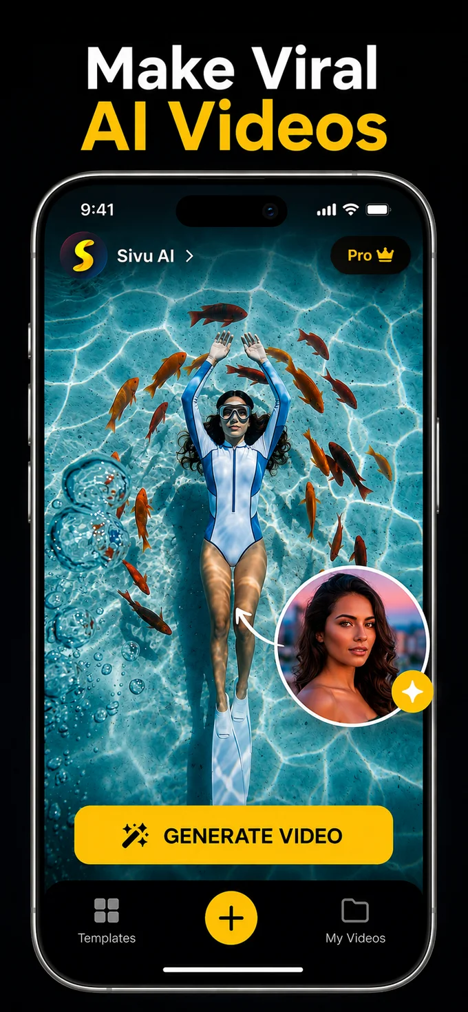 Sivu AI App Store screenshot showcasing a creative AI video of an underwater scene